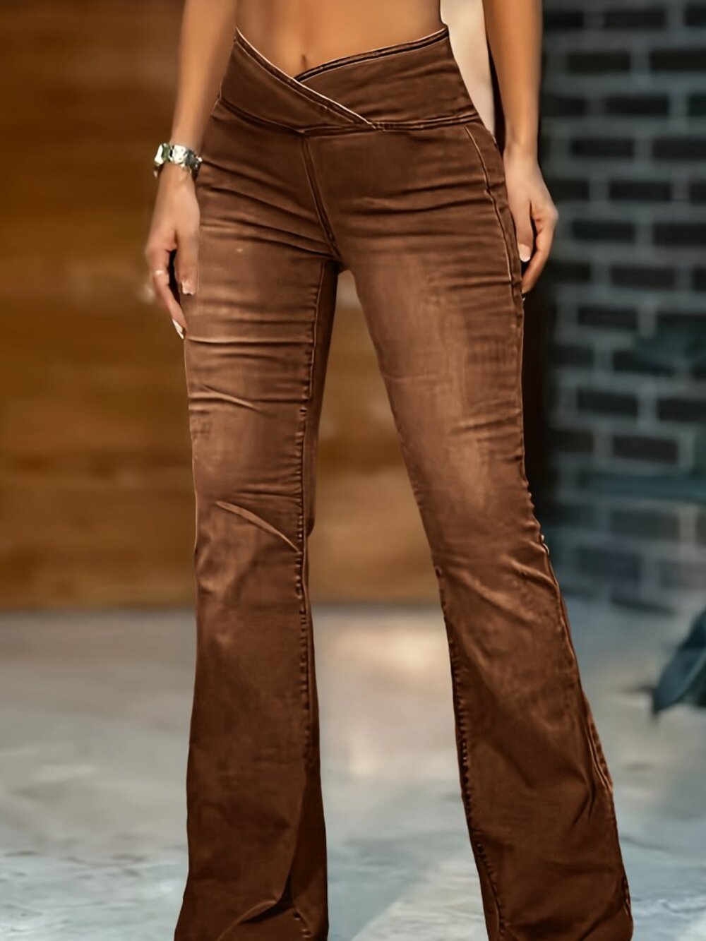 Women's Brown Wide Leg Denim Jeans Mid Rise Stretch Casual Flared Pants